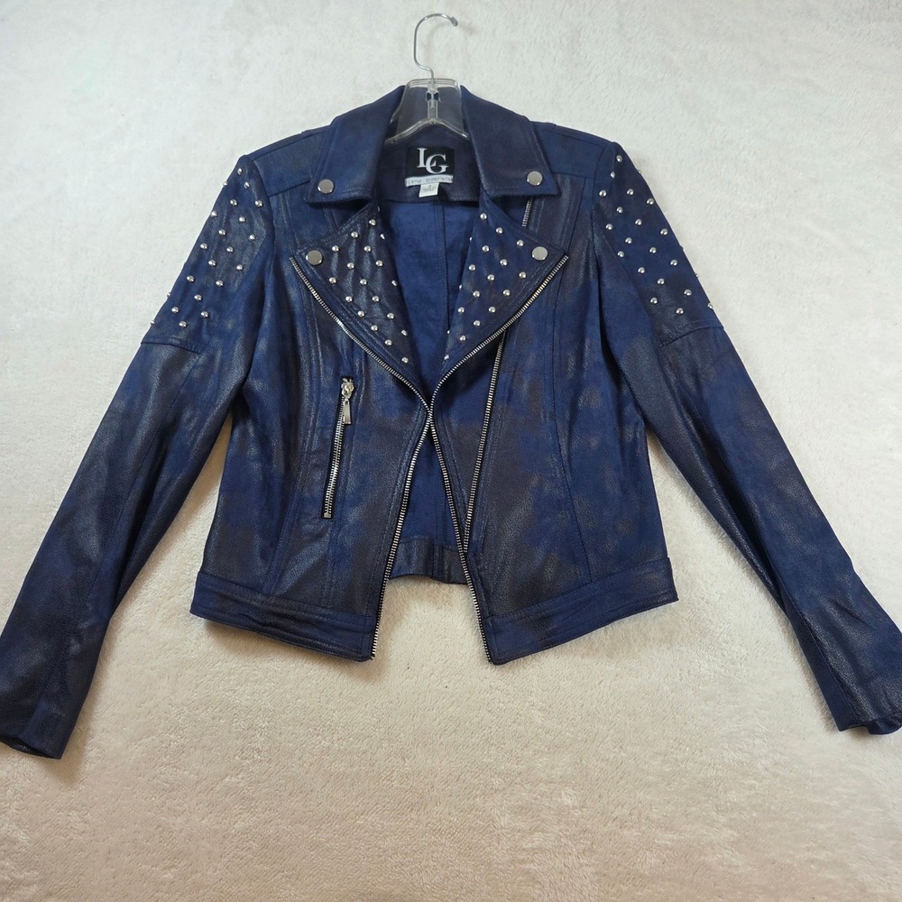Lena Gabrielle Navy Blue Studded Moto Jacket Faux Leather Distressed Womens 2